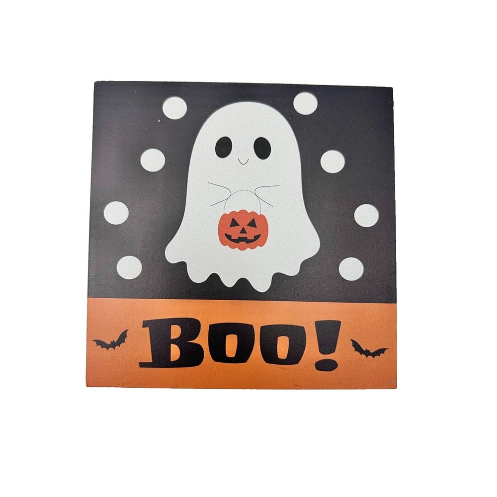 Boo Halloween Ghost Freestanding Wood Sign Desk Shelf Decor Holiday Accessory